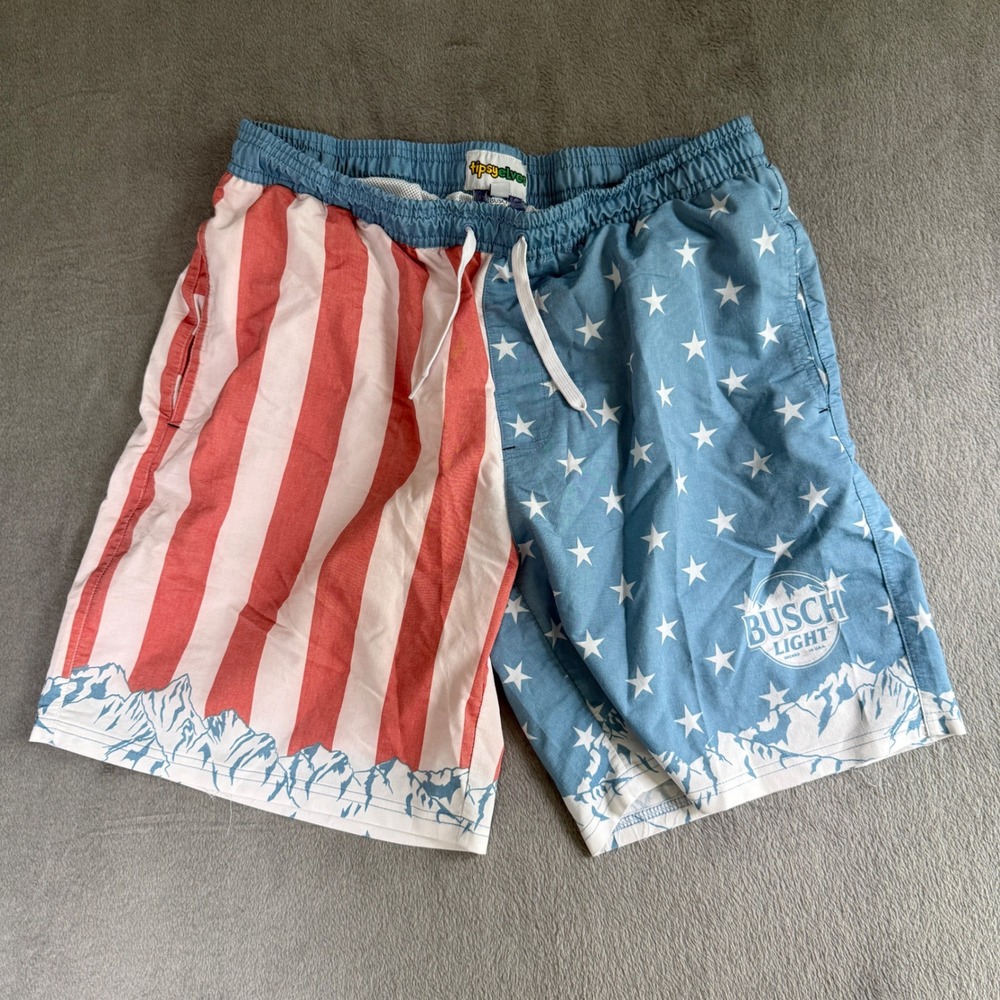 Tipsy Elves Busch Light Swim Trunks XL USA Flag Stars Stripes Red White Blue